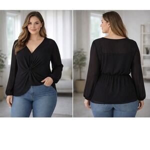 City Chic Twist Front Blouse Women XS/14 Black Dark Romantic Professional Top